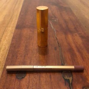 Charlotte Tilbury “Very Victoria” lipstick and matching “Love Trap” lip liner.